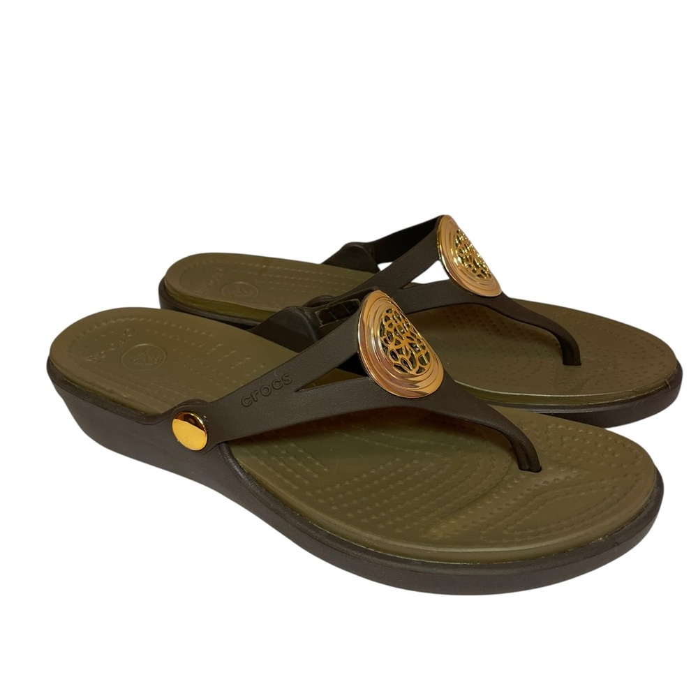 Crocs Comfort Sanrah Flip Flop Wedge Sandals Womens Drk Brown/Green Gold Size 8
